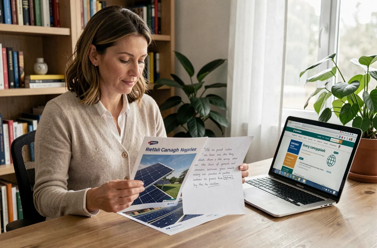 Femme comparant une brochure de magasin et un devis installateur pour panneaux solaires