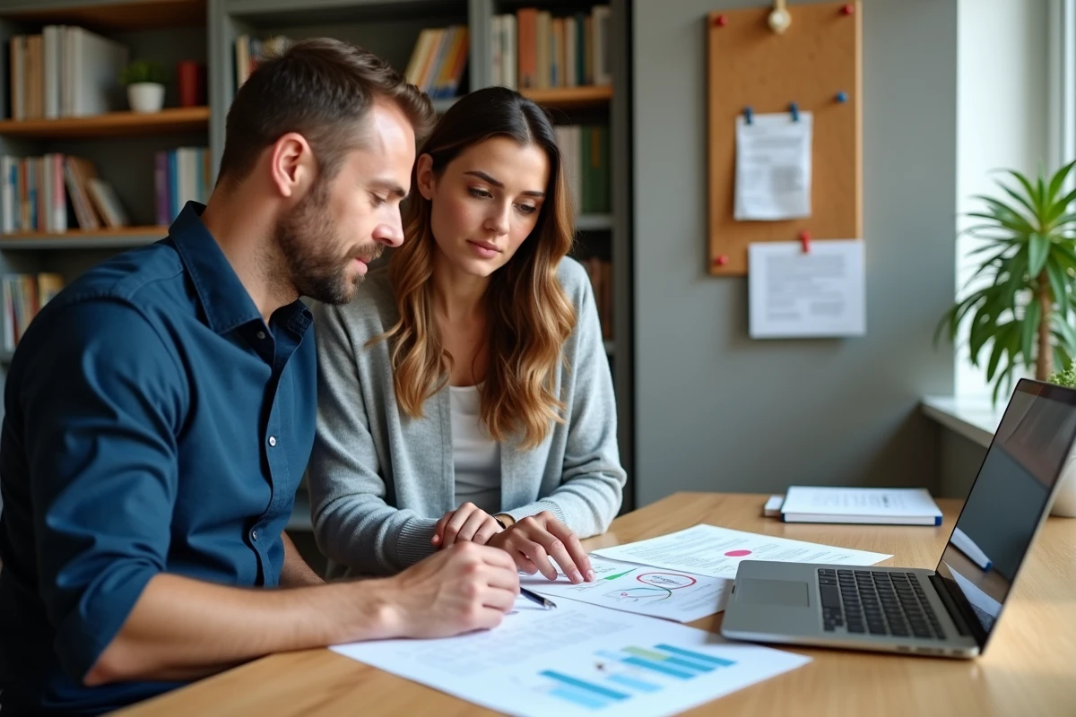 Couple comparant des devis d'artisans sur ordinateur et documents dans un bureau à domicile organisé