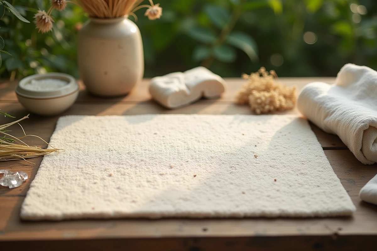 Comparaison matériaux écologiques : tapis en diatomite, roche diatomée brute et coton naturel non blanchi sur une table en bois