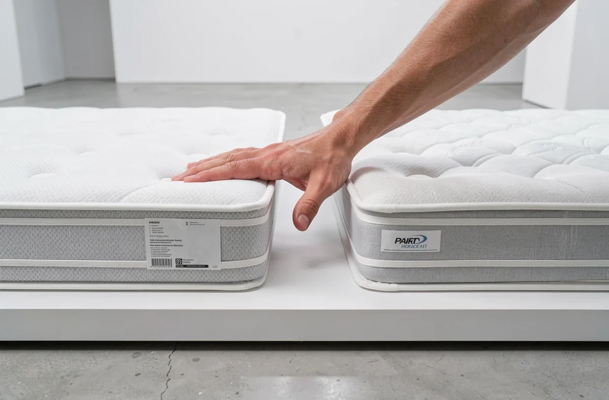 Comparaison entre deux matelas Simmons Lotus et Lotus HD posés côte à côte dans un showroom épuré