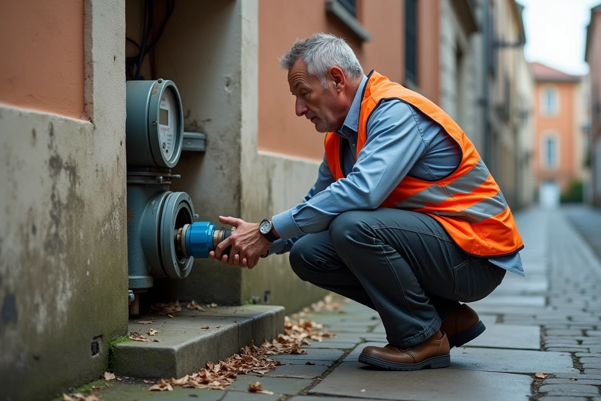 Technicien lisant un compteur d'eau encastré dans le sol d'une rue urbaine, symbolisant la mesure et le suivi de la consommation d'eau résidentielle