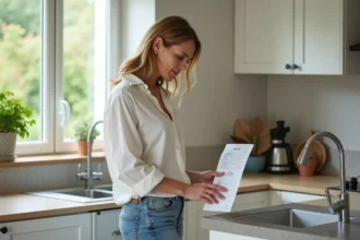 Femme examinant sa facture d'eau dans une cuisine moderne avec robinet ouvert, illustrant le coût de la consommation d'eau à domicile