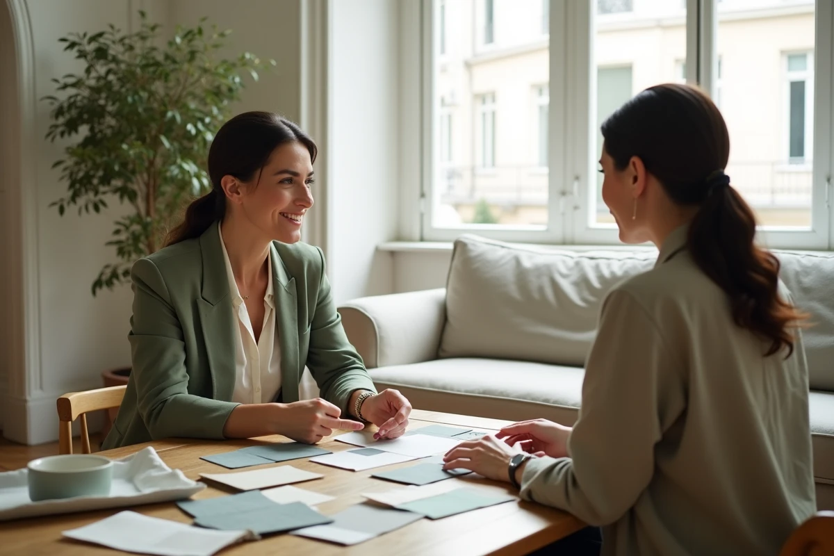Décoratrice d'intérieur Decoserotonine en consultation avec une cliente dans un salon contemporain parisien, entourée de nuanciers et d'échantillons de tissu