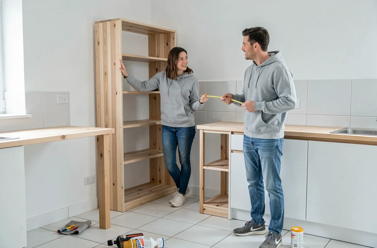 Couple discutant de l'aménagement de leur cuisine lors d'un emménagement dans une nouvelle maison