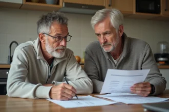 Couple belge examinant des devis de rénovation et des aides financières sur un ordinateur portable à la table de cuisine