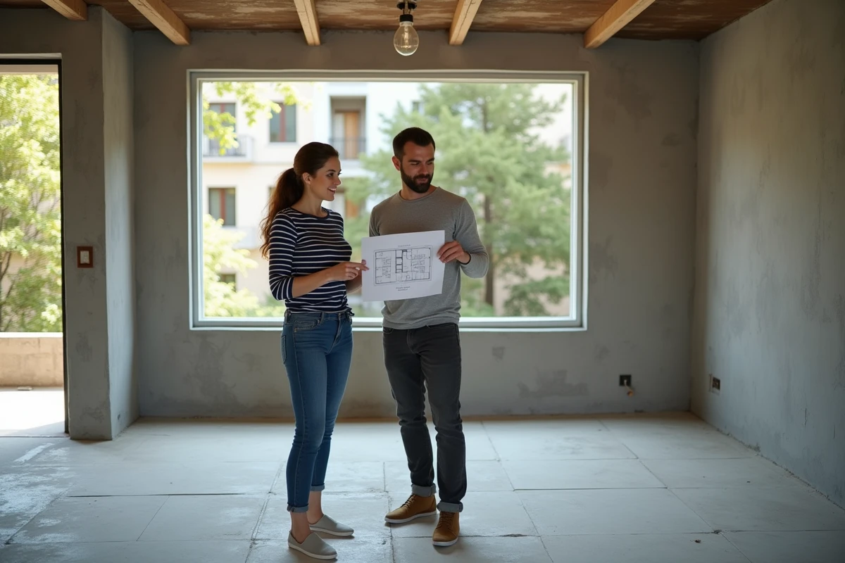 Couple dans la trentaine tenant un plan d'aménagement dans un appartement vide en rénovation, pointant vers différents espaces de la pièce avec une expression sereine et collaborative