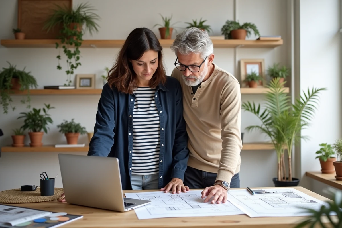 Couple planifiant un projet de rénovation devant un ordinateur portable avec plans et nuanciers sur une table en bois