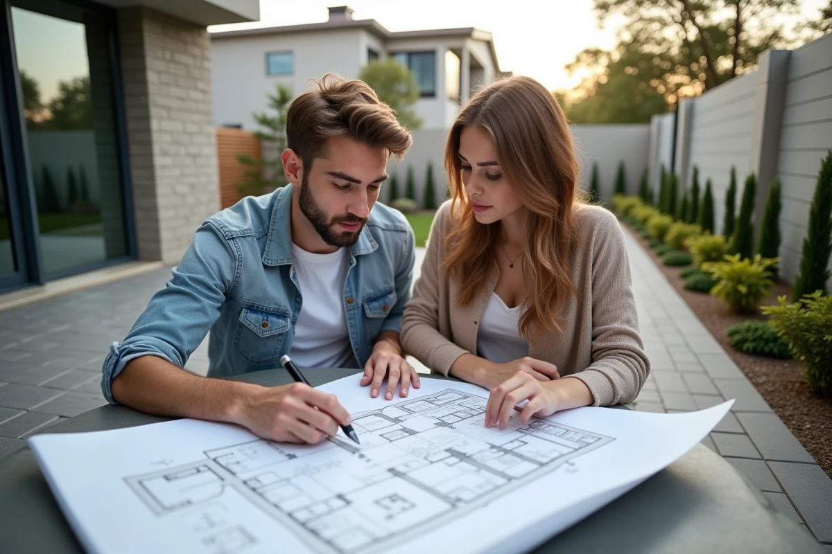 Jeune couple examine plans de construction sur la terrasse