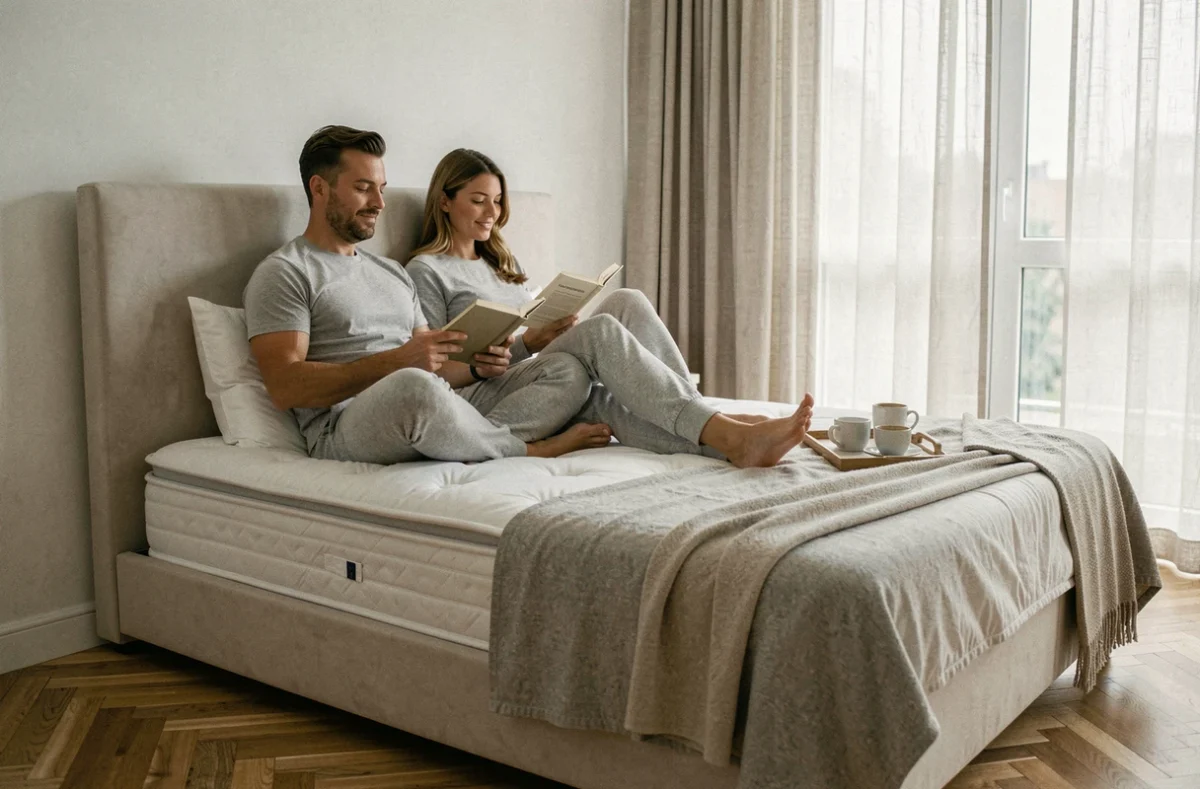 Couple se reposant sur un matelas Simmons Lotus dans une chambre lumineuse avec parquet en chêne et grandes fenêtres