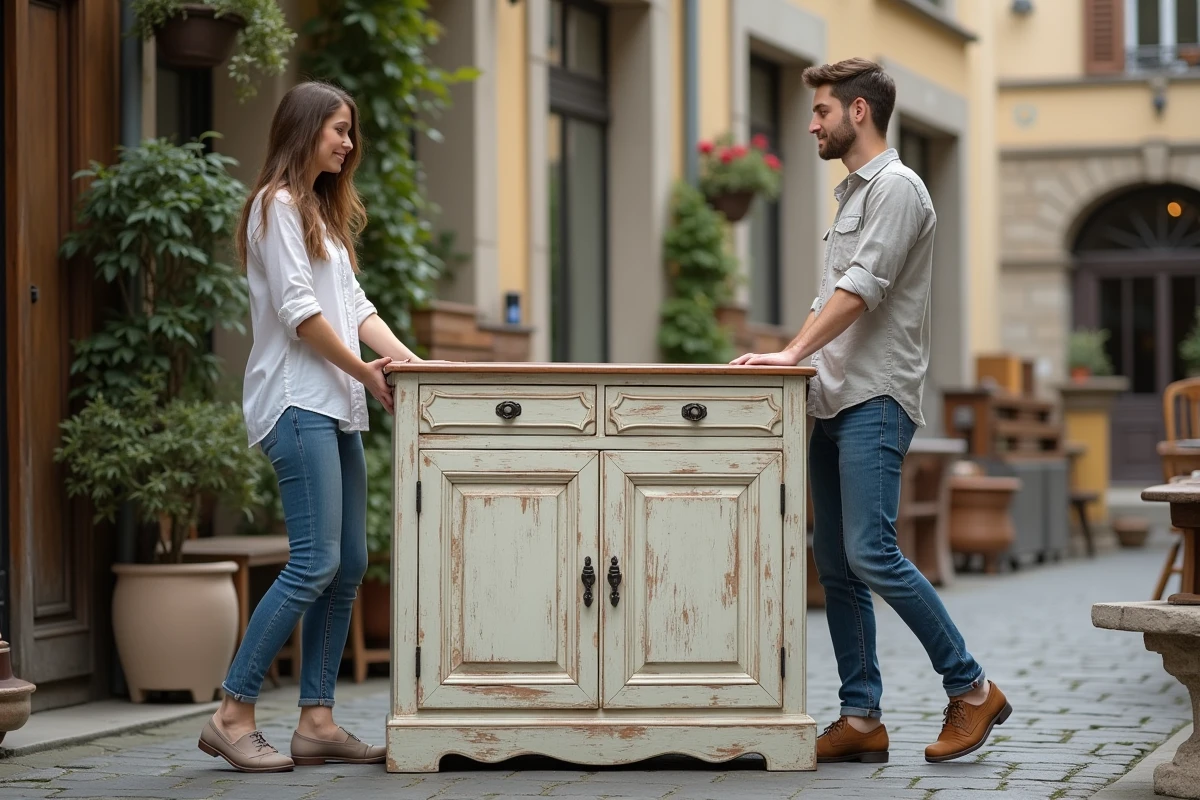 Jeune couple levant un meuble shabby chic dans la cour