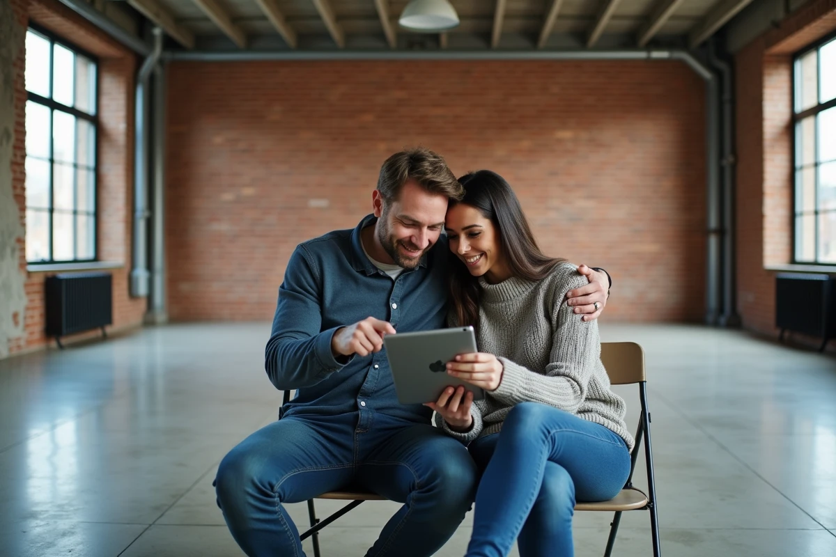 Couple explorant les réglages de l'application lamaison360.fr sur une tablette lors d'une visite dans un loft industriel vide