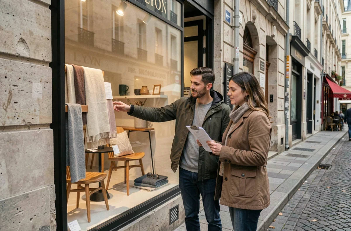Couple consultant une liste devant la vitrine d'un magasin de décoration à Lyon avant de rentrer