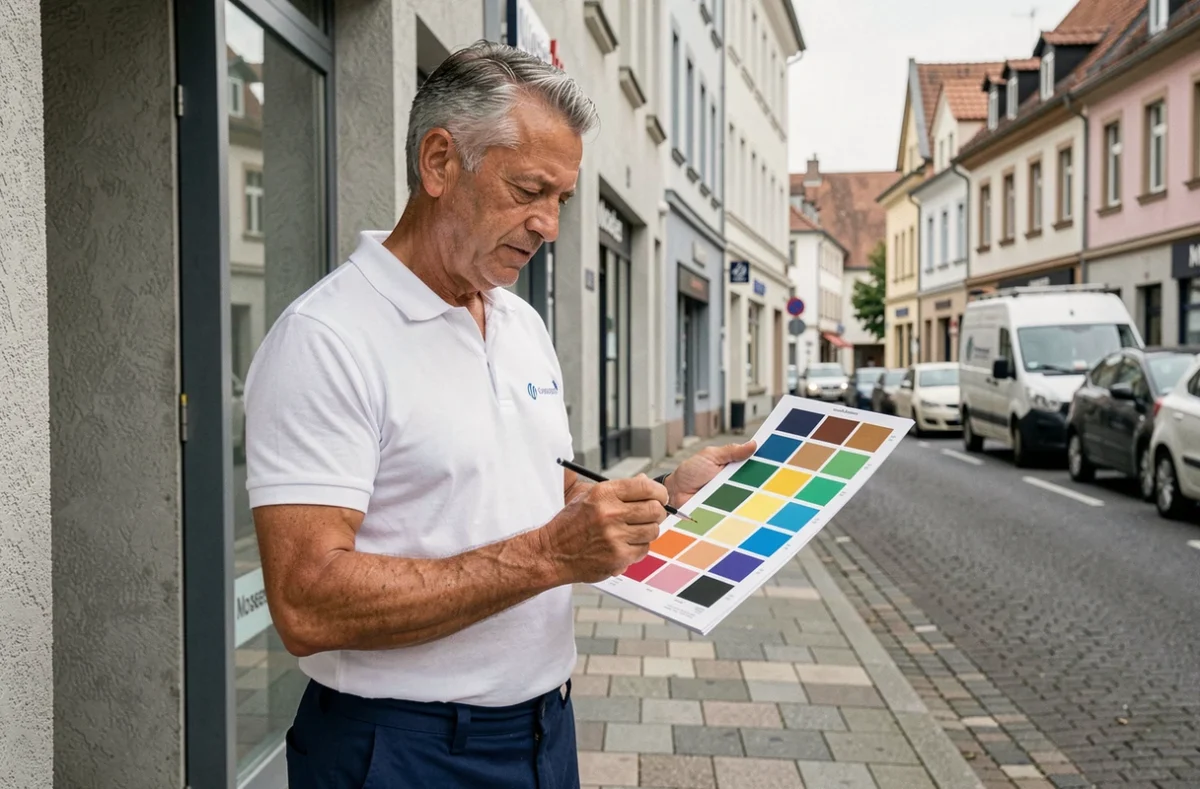Artisan Cremer Peinture consultant une palette de couleurs devant un bâtiment commercial en Moselle