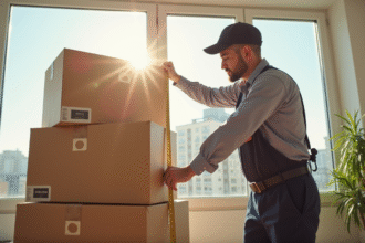 Agent de déménagement mesurant des caisses dans un appartement lumineux