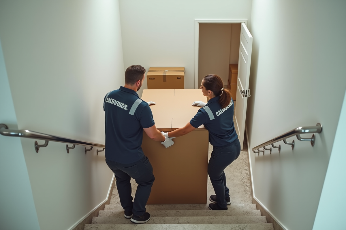 Deux déménageurs professionnels portant uniformes transportent un grand placard dans un appartement moderne