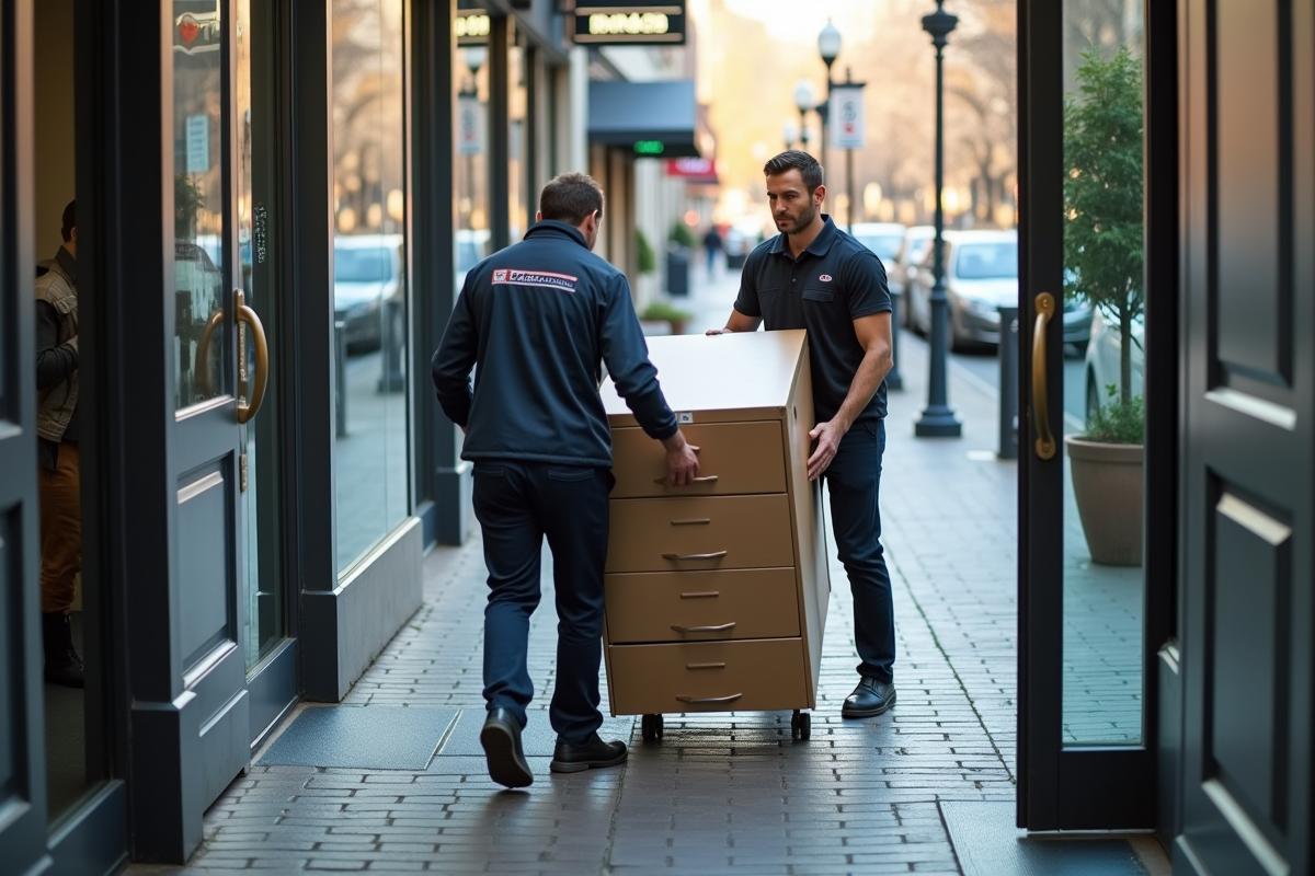 Demenageurs professionnels portant un meuble dans une entrée urbaine