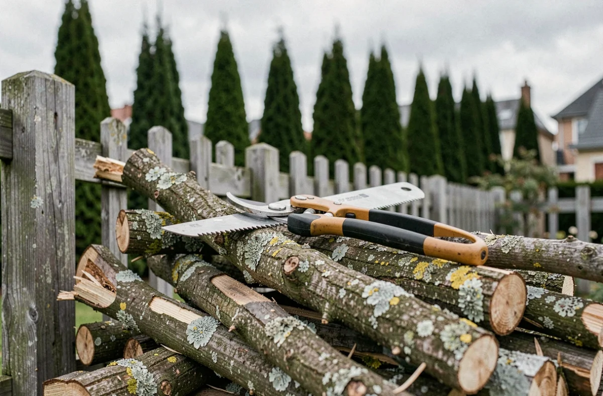 Détail de branches taillées empilées avec sécateur et scie à main dans un jardin français, illustrant les outils d'élagage professionnel