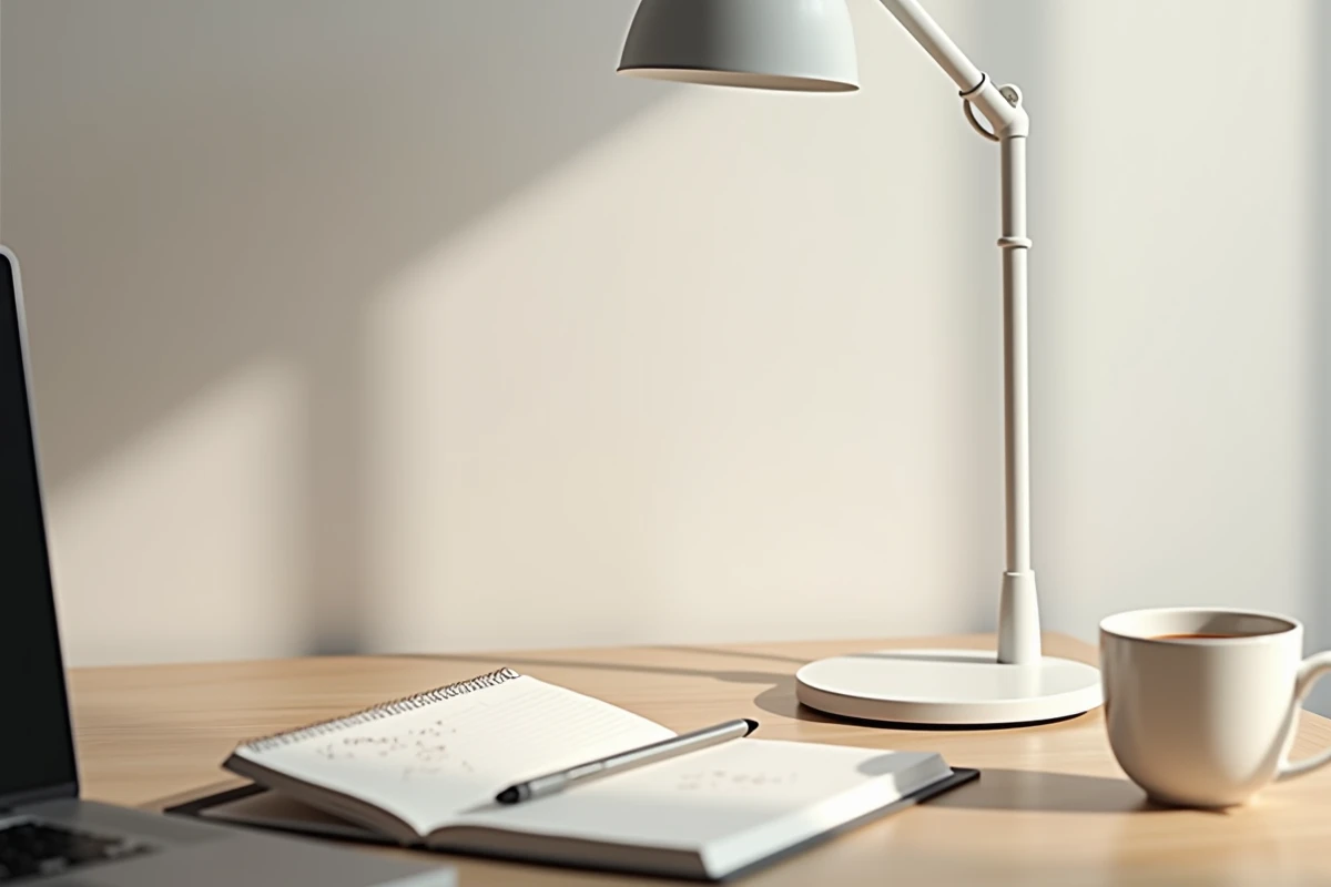 Gros plan d'un bureau minimaliste avec lampe de bureau réglable, cahier ouvert et tasse de café, idéal pour illustrer le confort visuel lors de la lecture