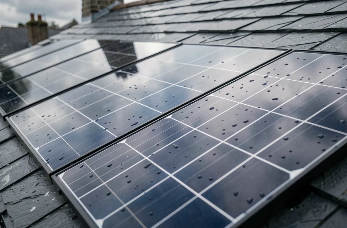 Gros plan sur des panneaux solaires installés sur un toit en ardoise normand à Caen