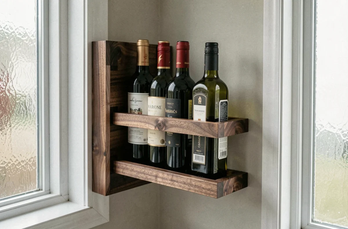 Détail d'un porte bouteille mural en bois noyer avec bouteilles de vin et huile d'olive dans un coin de petite cuisine