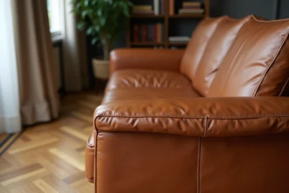 Détail de la texture du cuir pleine fleur d'un canapé haut de gamme couleur cognac avec coutures fines