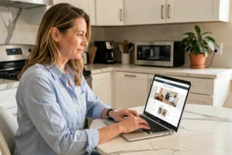 Femme demandant un devis de ménage à domicile en ligne depuis sa cuisine moderne