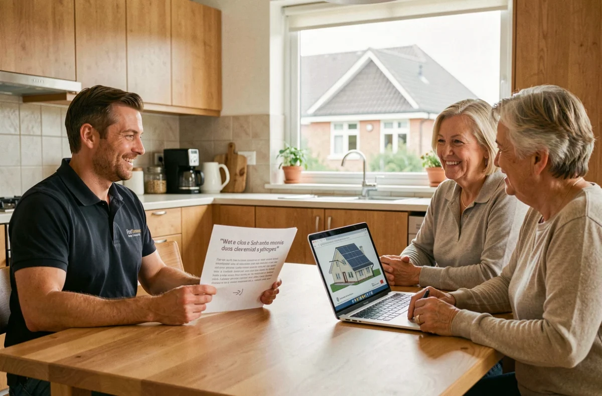 Conseiller solaire présentant un devis personnalisé à un couple à domicile
