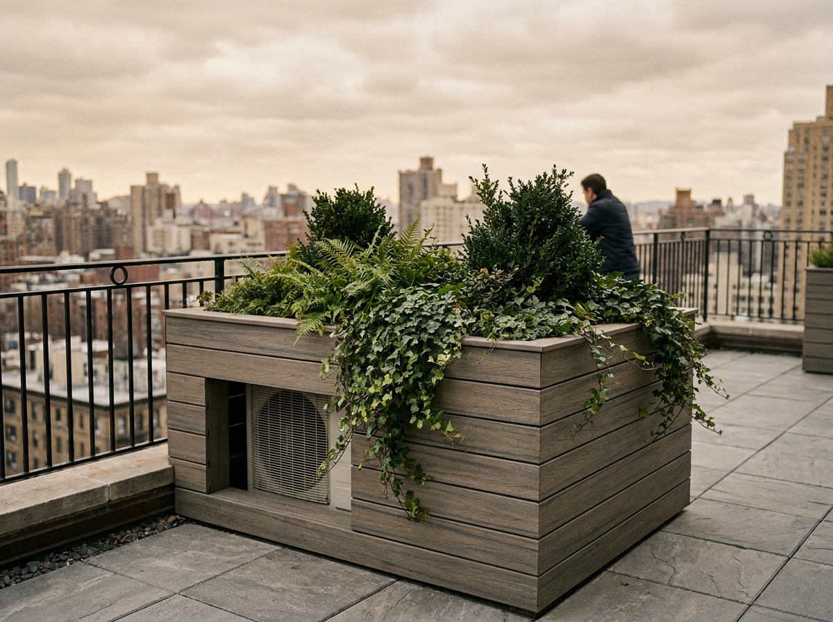 Unité extérieure de climatisation intégrée dans un bac à plantes sur terrasse urbaine