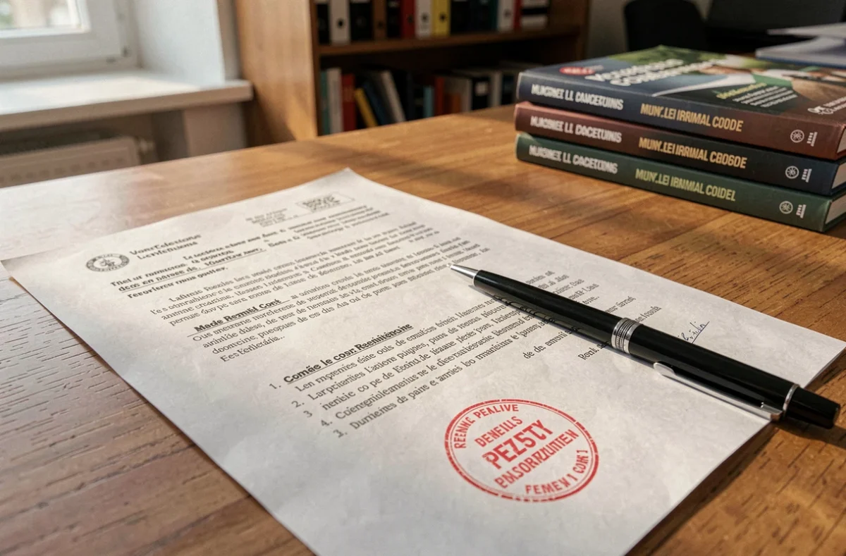 Document administratif officiel avec tampon de sanction sur un bureau en bois, relatif à une amende pour abattage d'arbre non autorisé