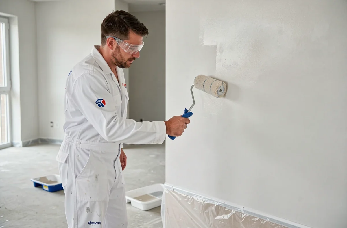 Peintre professionnel EA Peinture appliquant de la peinture murale dans un appartement rénové