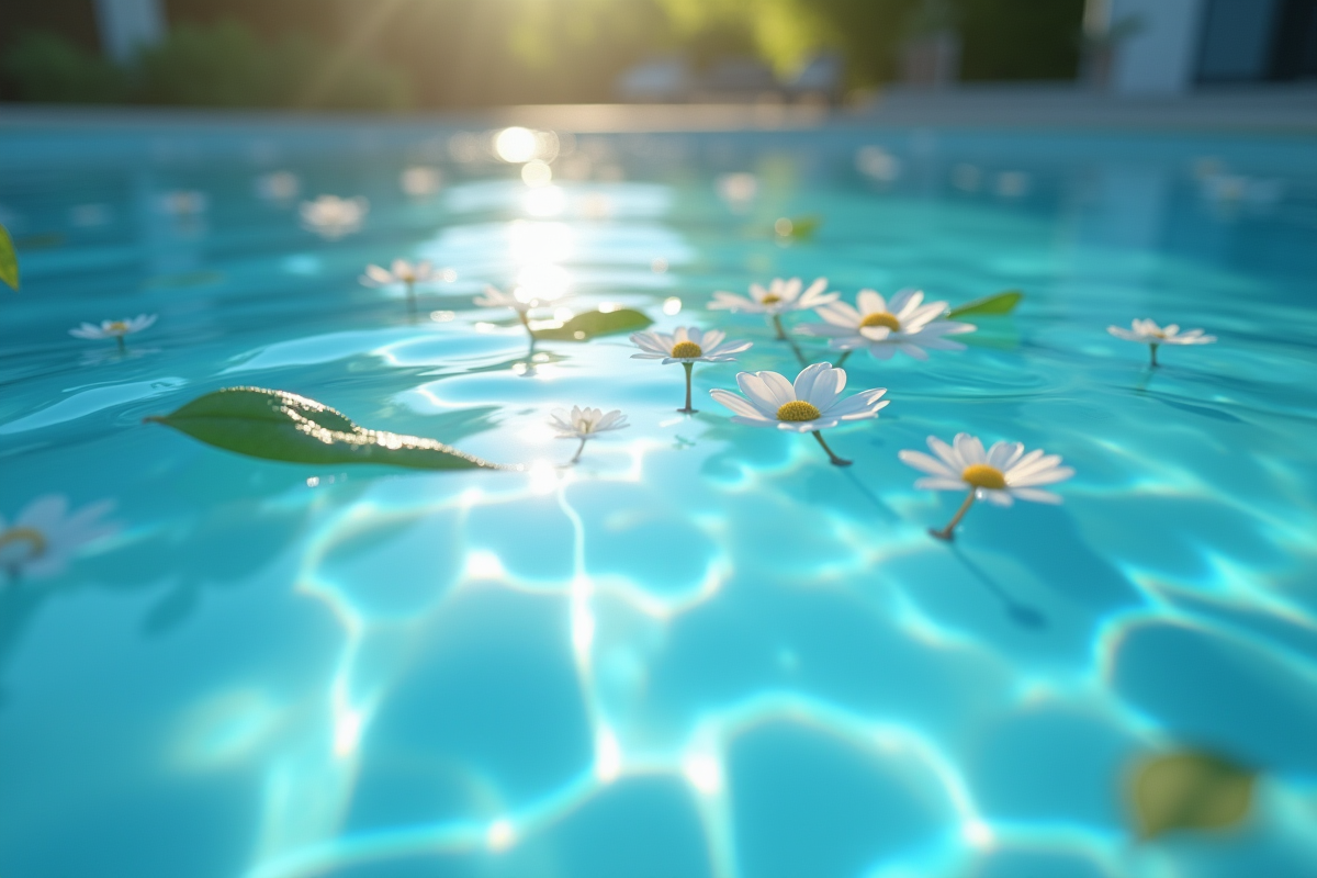 Eau de piscine claire avec reflets de feuilles et fleurs naturelles