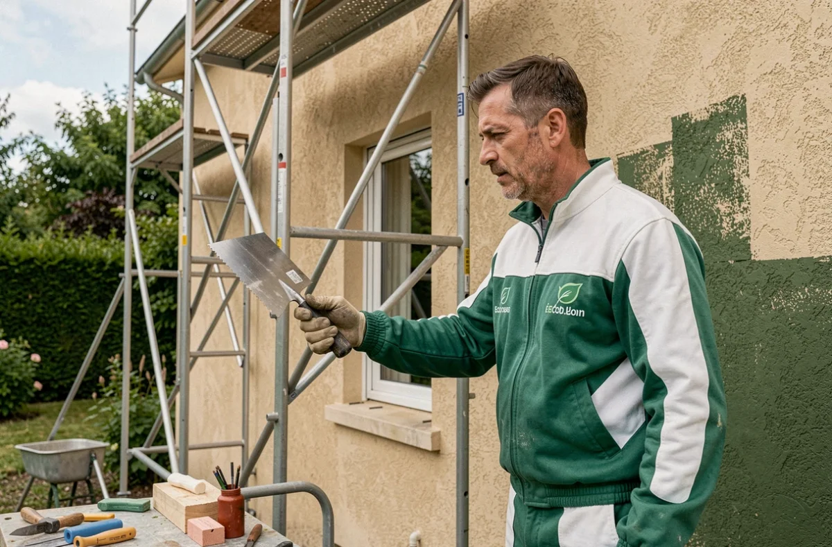 Artisan Eco'Logis Peinture et Rénovation appliquant un enduit isolant sur une façade en Moselle