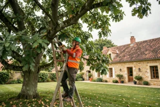 Élagueur professionnel taillant un grand chêne dans un jardin résidentiel à Langon, portant équipement de sécurité complet