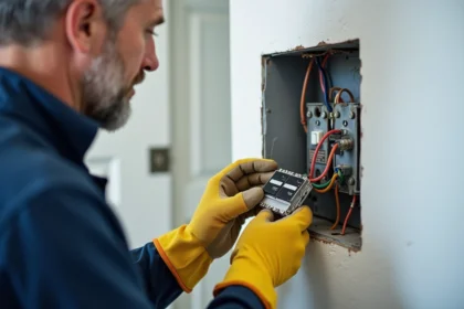 Électricien connectant un interrupteur poussoir sur un circuit va-et-vient existant dans une boîte d'encastrement murale
