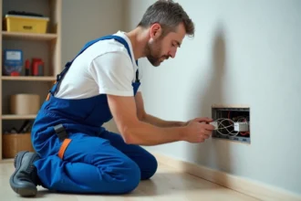 Électricien en bleu connectant fils dans une boîte moderne