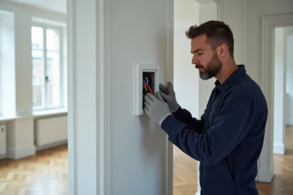 Électricien professionnel installant un module Yokis va-et-vient sans fil dans une boîte d'encastrement murale lors d'une rénovation