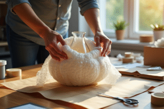 Main enveloppant un vase étrange avec du papier bulle
