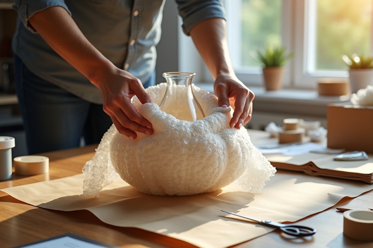 Main enveloppant un vase étrange avec du papier bulle