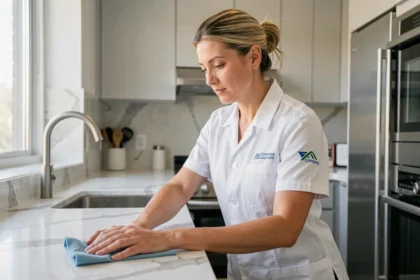 Employée de société de ménage en uniforme blanc nettoyant un plan de travail en marbre dans une cuisine moderne