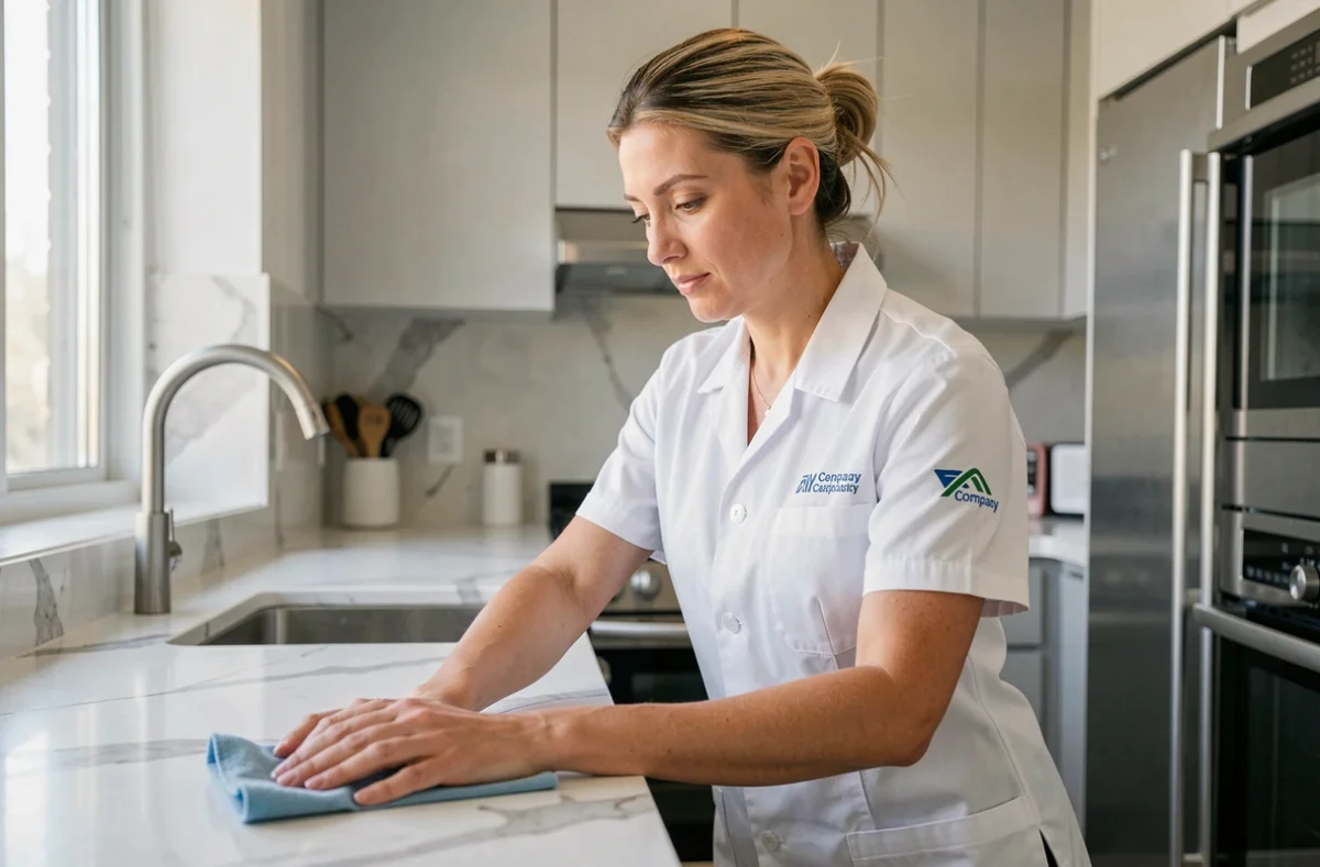 Employée de société de ménage en uniforme blanc nettoyant un plan de travail en marbre dans une cuisine moderne