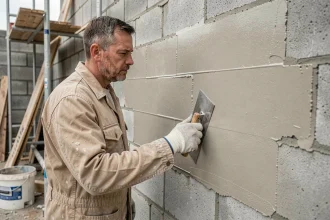 Ouvrier appliquant un enduit lisse sur un mur en parpaings avec une taloche pour masquer les joints