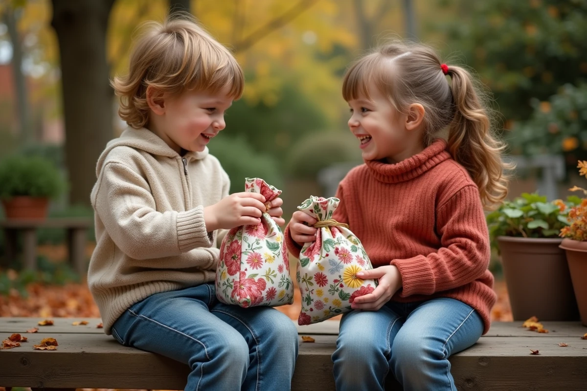 Enfants échangeant des sachets cadeaux dans un jardin