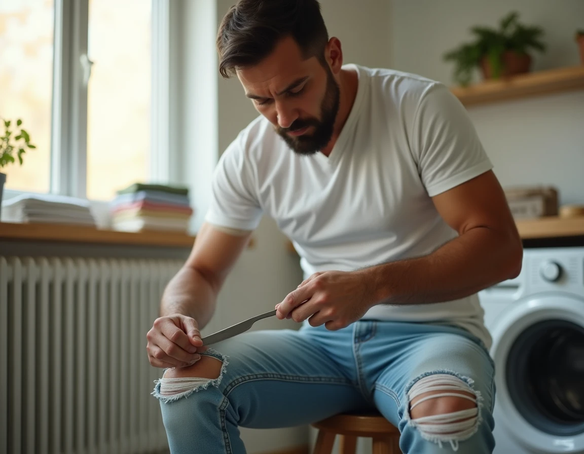 Homme retirant du chewing-gum séché sur un jean clair avec un couteau à beurre dans une buanderie