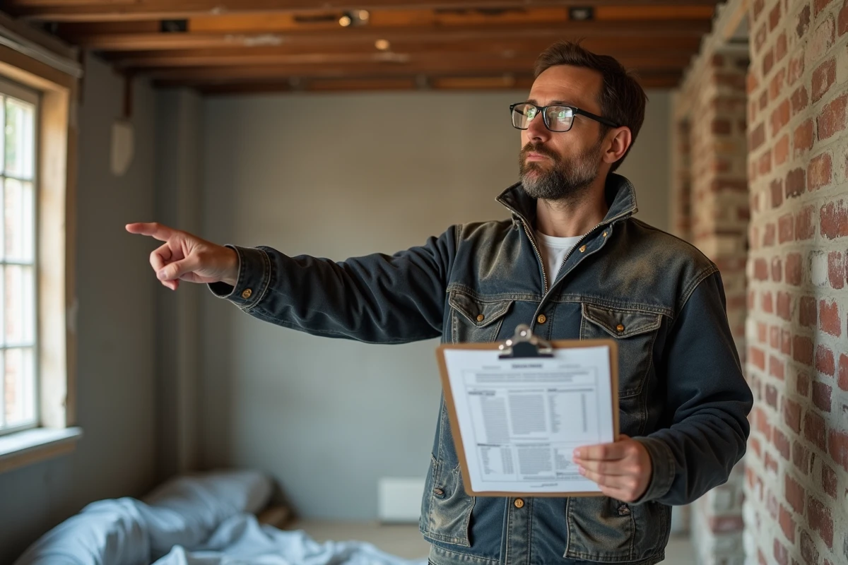 Entrepreneur en bâtiment tenant un devis de travaux dans une maison belge en cours de rénovation
