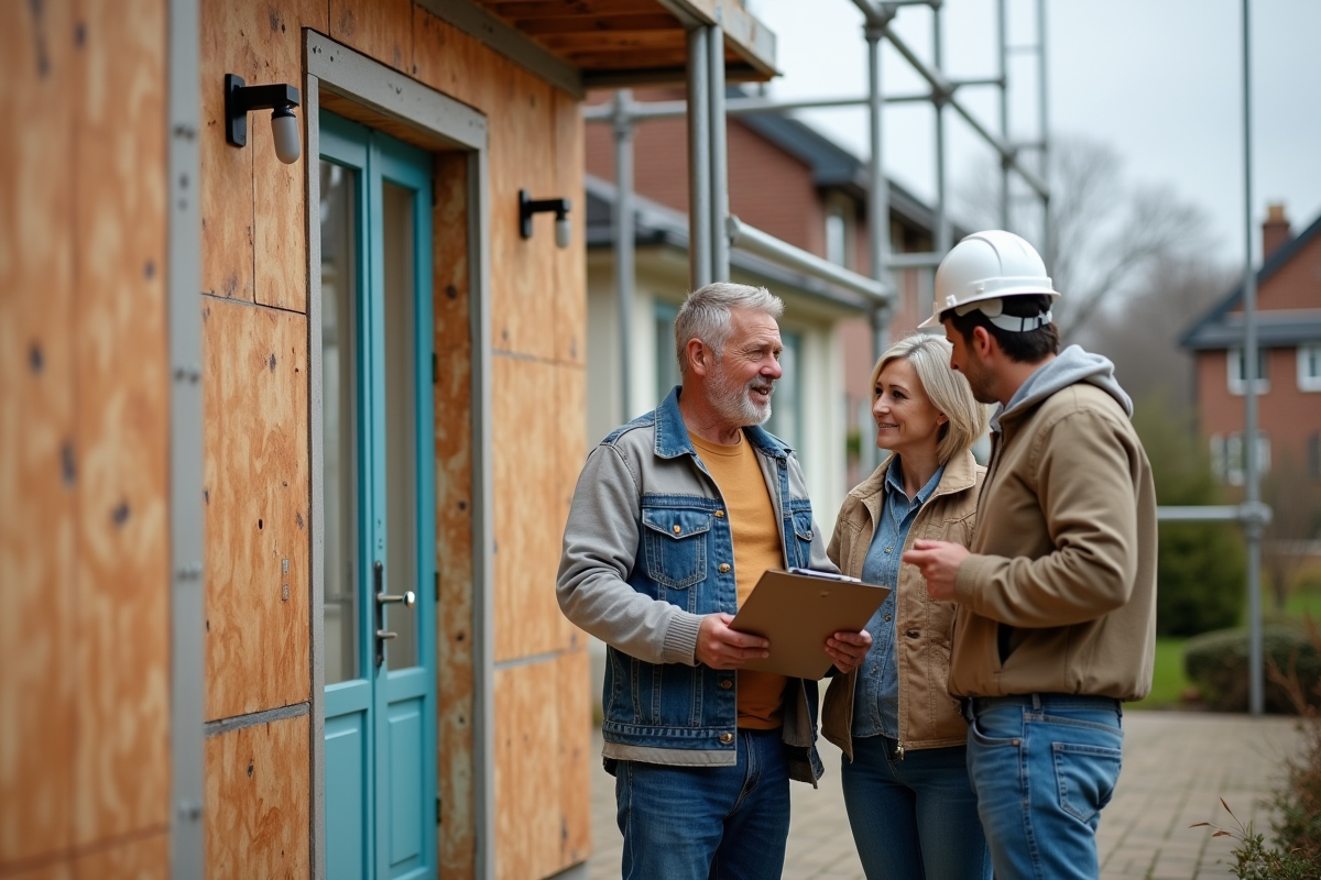 Entrepreneur en travaux avec couple devant maison en rénovation