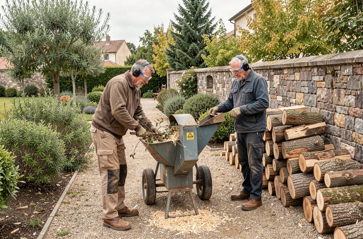 Deux élagueurs travaillant en équipe avec un broyeur de branches dans un jardin périurbain près de Langon en Gironde