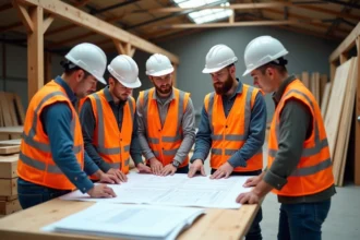 Groupe de professionnels du bâtiment examinant des plans dans un atelier