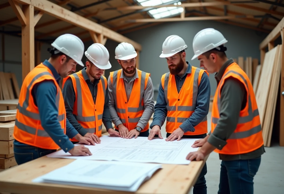 Groupe de professionnels du bâtiment examinant des plans dans un atelier