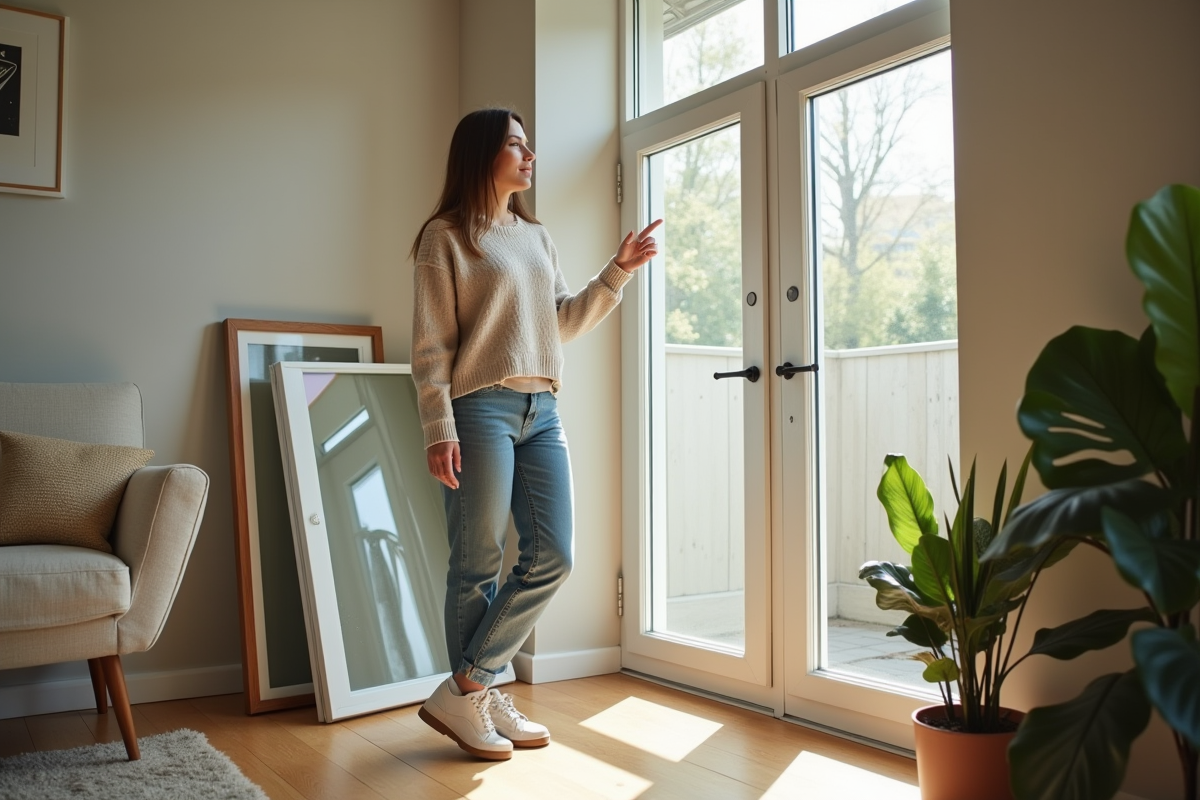 Jeune femme examine echantillons de fenetres
