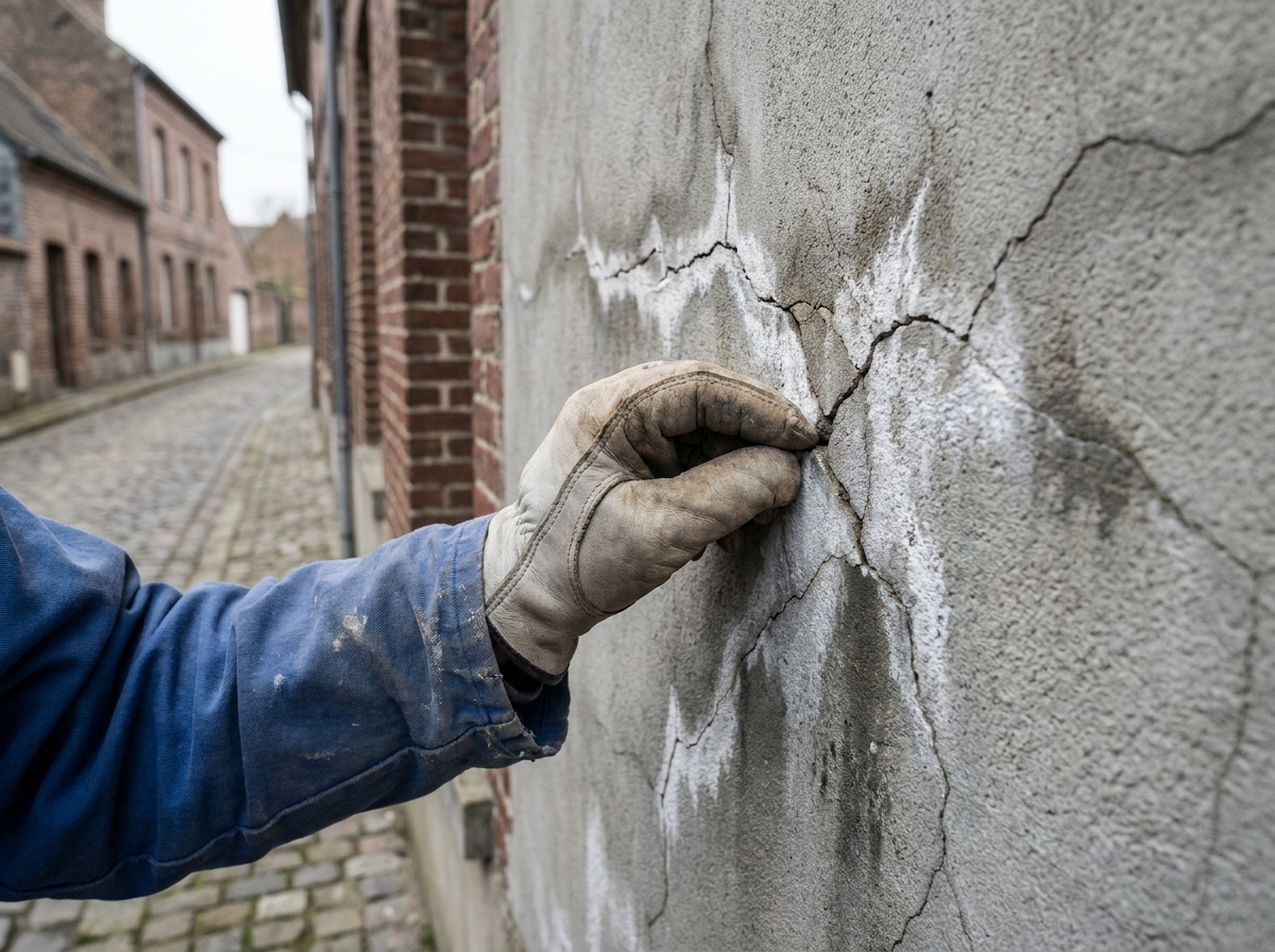 Détail de fissures sur un enduit ciment mal appliqué sur une pierre ancienne lors d'une rénovation dans le Nord